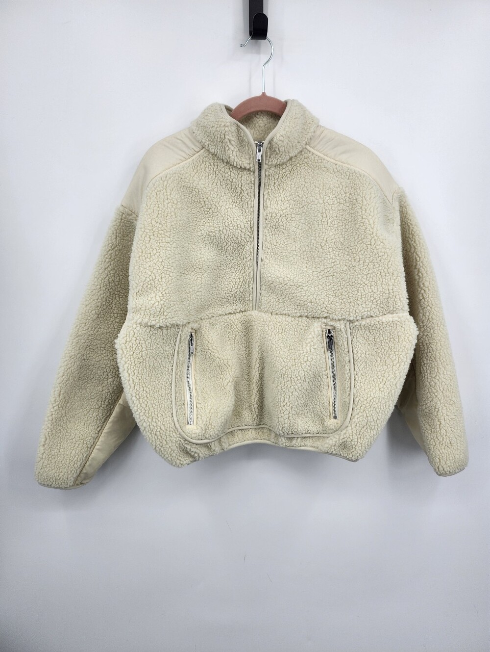 Madewell Faux Shearling Half Zip Sweatshirt Womens Sz M Beige Lined Funnel Neck